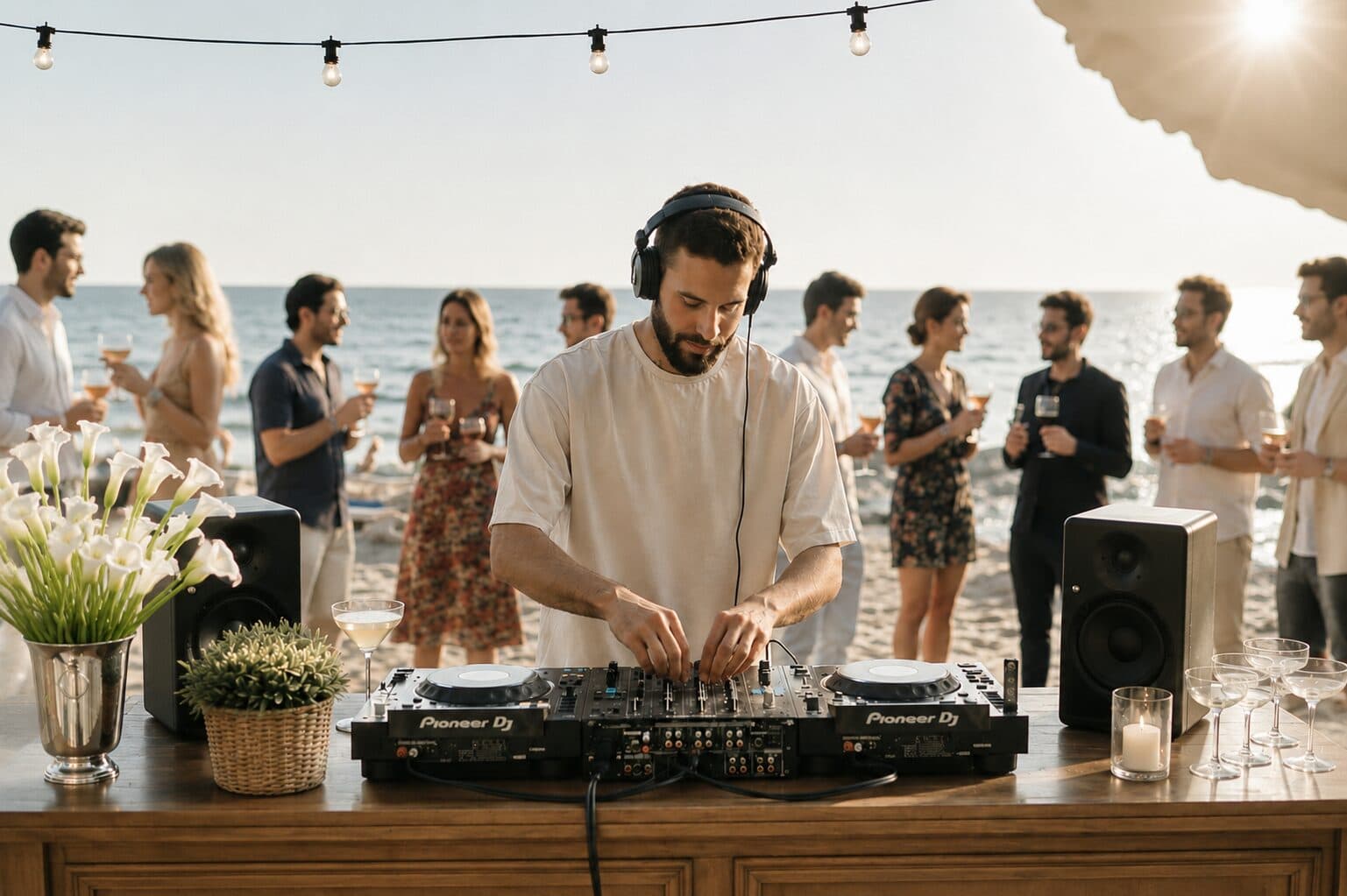 A DJ mixing at a beachside evening party.