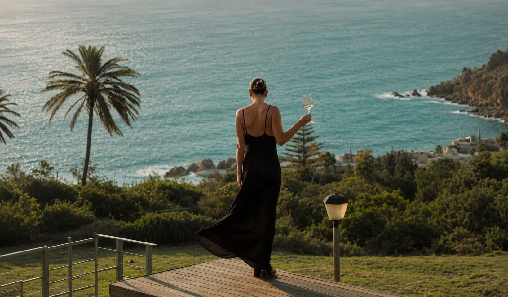 A woman in a black dress holding a glass of wine, overlooking the water at dusk.