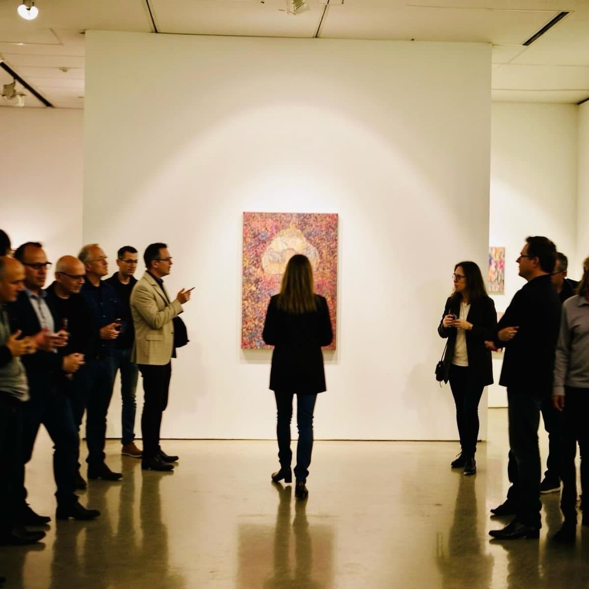 Guests gathered around a spotlighted painting at an exhibition opening.
